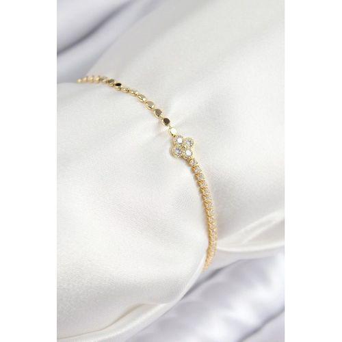 Pirinç Zirkon Taşlı Yonca Model Ezme Zincir Gold Renk Kadın Bileklik