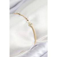 Pirinç Zirkon Taşlı Yonca Model Ezme Zincir Gold Renk Kadın Bileklik