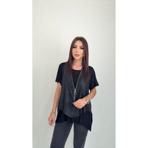 Kadın Kısa Kollu Yuvarlak Yaka Viskon Bluz + Kolsuz Fermuarlı çatlak Deri Yelek