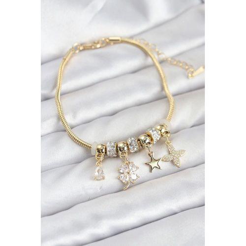 Gold Renk Pirinç Yonca Charmlı Kadın Bileklik