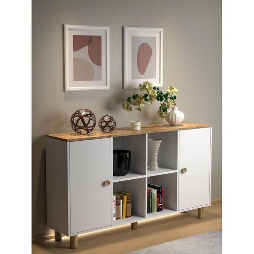 Nora Bohem Ledli Konsol - Çok Amaçlı Dolap 2 Kapak 4 Raflı - Atlantik Çam / Beyaz