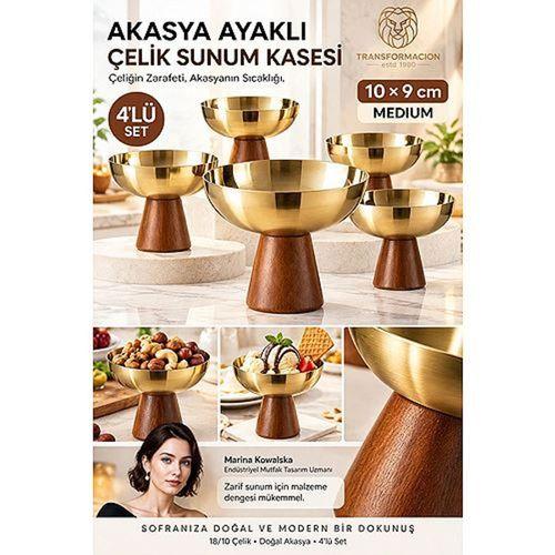 4 lü - MEDIUM - Akasya Ayaklı Çelik Dondurmalık  Çerezlik Pasta Meyve Sunum Kasesi İkramlık Seti 18/10 304 Çelik 723773