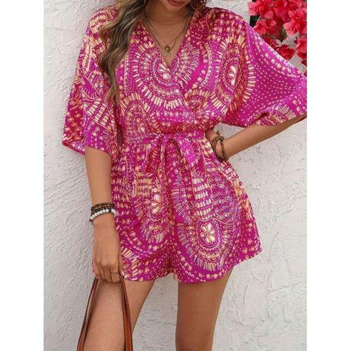 Kadın Kısa Kollu Kruvaze Yakalı Belden Kuşaklı Desenli Kısa Süprem Tulum