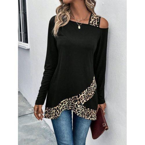 Kadın Tek O Uzdan Açık Askılı Uzun Kollu Leopar Detaylı Viskon Bluz