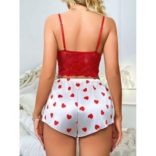 Kadın Kırmızı Kalp Desenli Şort Askılı Dantel Üst Pijama Takımı 2218