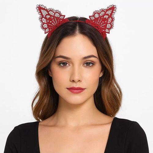 Dantelli Kırmızı Kedi Tacı - Vintage Tarz Dantel Kedi Kulak