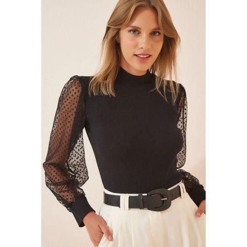 Kadın Siyah Kolu Tül Detaylı Yarım Balıkçı Kaşkorse Bluz 6160