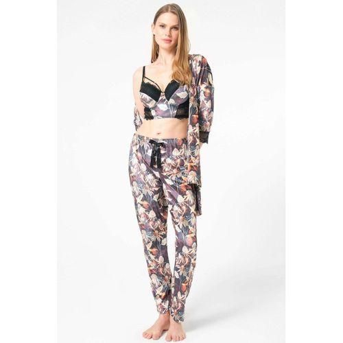 Kadife Çiçek Desenli Sabahlık Balenli Destekli Dolgulu Yaka Detaylı Dantelli Büstiyer Sütyen Ve Pantolon Pijama 3'lü Takım