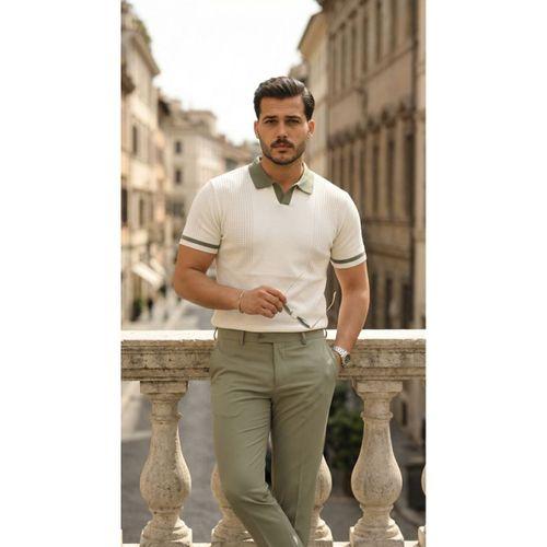 Erkek Renkli Yakalı File Desenli Kısa Kollu Tişört