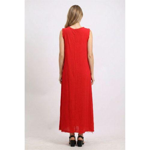 Kolsuz Ferah Bisiklet Yaka Yazlık Otantik Müslin Uzun Elbise Kırmızı Krmz