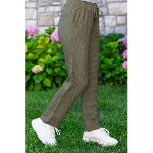 Beli Lastikli Multi Çift Cepli Müslin Kadın/Erkek Unisex Yazlık Pantolon Haki Hk