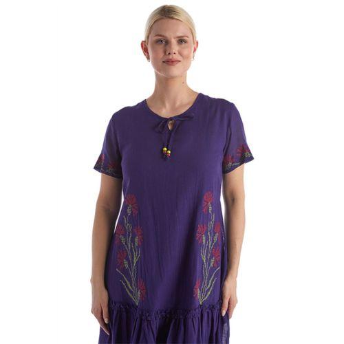 Kısa Kol Mor Bağcıklı V Yaka Nakışlı Yazlık Vual Kısa Elbise