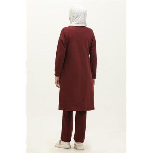 Göğüsten Detaylı Fermuarlı Sade Basic Eşofman Spor İkili Takım - 03063.009 - Bordo