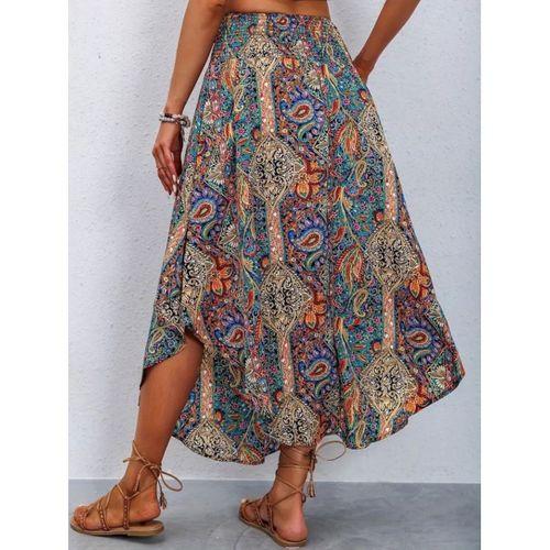 Kadın Beli Lastikli Bağcıklı Asimetrik Kesim Detaylı Desenli Bürümcük Etek