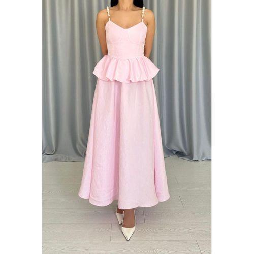 Pembe Beli Büzgülü İnci Askılı Uzun Elbise