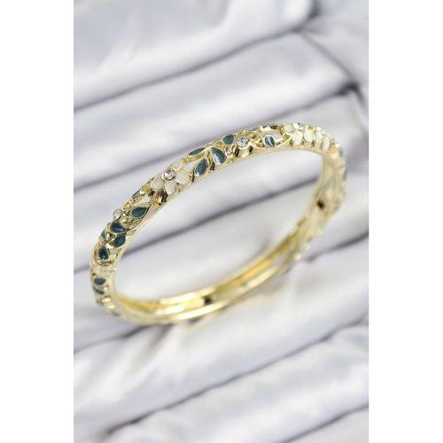Mineli Pirinç Zirkon Taşlı Yeşil Krem Çiçek Motifli Gold Kadın Kelepçe