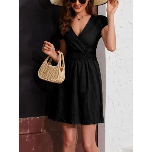 Kadın Kısa Kollu Kruvaze Yaka Beli Gipeli Bürümcük Elbise