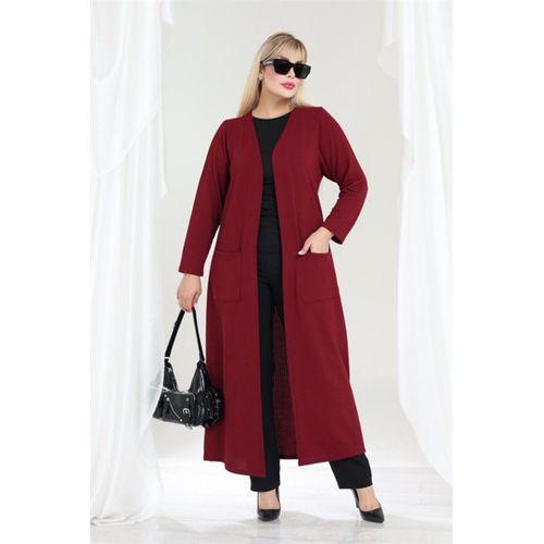 Melsay Butik Büyük Beden Bordo Dokulu Örme Kumaş Uzun Kadın Hırka