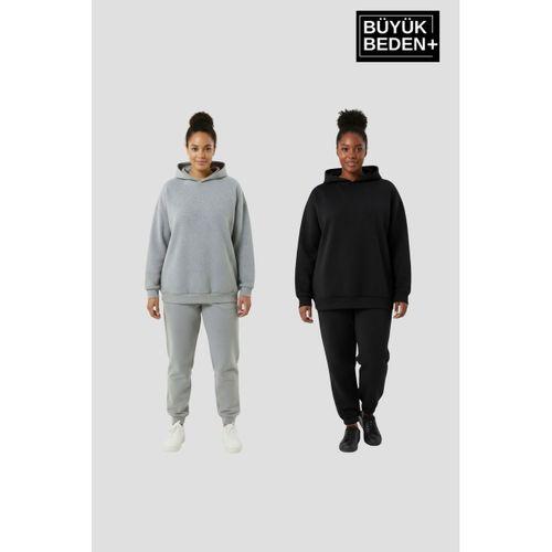 Kadın Büyük Beden 2  li Set Kapşonlu Kollar Ve Etek Ribanalı ince Swatshırt SPR26BSWK957+2