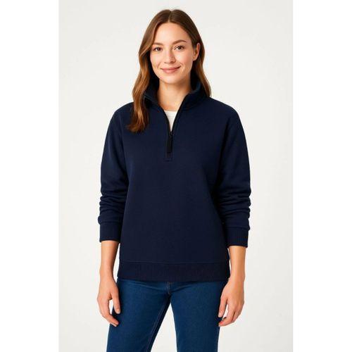 Üç İplik Dık Yaka Yarım Fermuarlı SweatShirt - Lacivert