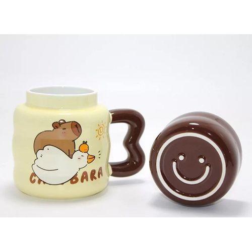 Capybara Tasarımlı Isı Muhafazalı Kapaklı Porselen Bardak Bardak Alk5043