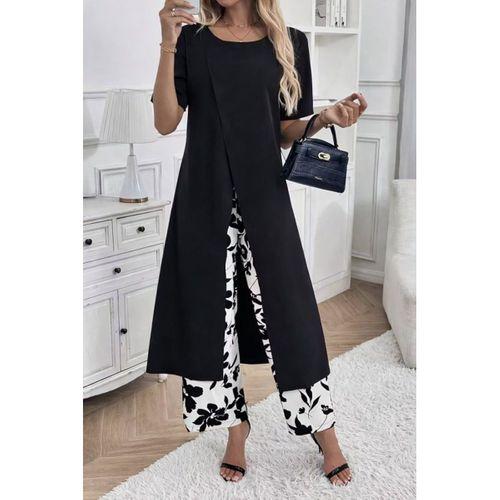 Kadın Kısa Kollu önden çapraz Detaylı Viskon Uzun Bluz Ve Desenli Iki Iplik Pantolon Ikili Takım