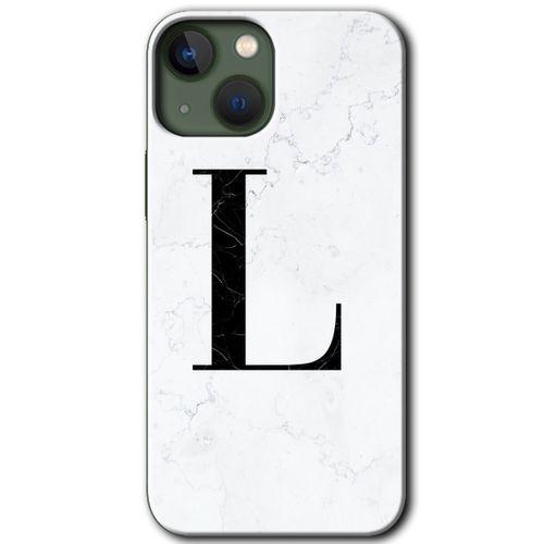 MRCİLETİSİM iPhone 13 Kılıf HD Desen Baskılı Arka Kapak + Temperli Cam - Beyaz Mermer Desenli L Harfi