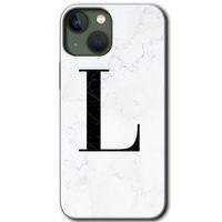 MRCİLETİSİM iPhone 13 Kılıf HD Desen Baskılı Arka Kapak + Temperli Cam - Beyaz Mermer Desenli L Harfi