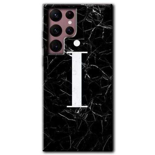 MRCİLETİSİM Samsung Galaxy S22 Ultra Kılıf HD Desen Baskılı Arka Kapak + Temperli Cam - Siyah Mermer Desenli İ Harfi