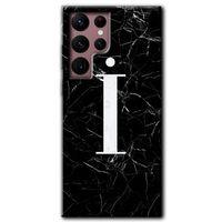 MRCİLETİSİM Samsung Galaxy S22 Ultra Kılıf HD Desen Baskılı Arka Kapak + Temperli Cam - Siyah Mermer Desenli İ Harfi