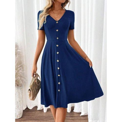 Kadın Kısa Kollu V Yakalı önden Düğmeli A Kesim Dokuma Elbise