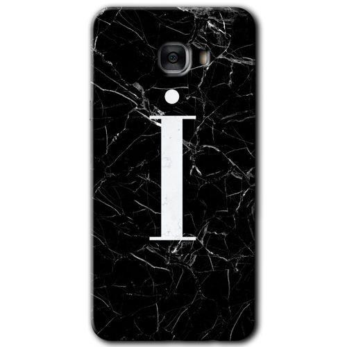 Samsung Galaxy C7 Kılıf HD Desen Baskılı Arka Kapak + Temperli Cam - Siyah Mermer Desenli İ Harfi