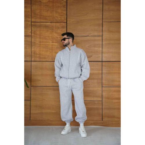 Erkek Premium Parçalı Eşofman Takım - Dik Yaka Fermuarlı Biyeli Sweatshirt Lastik Paça Alt, Oversize 3 Iplik Şardonlu - Gri