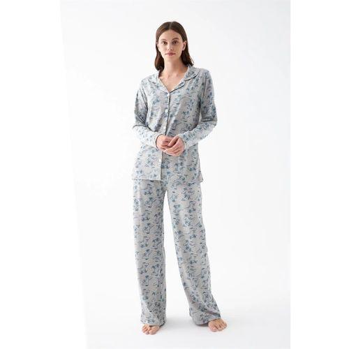 Kadın Gri Desenli Düğmeli Pamuklu Pijama Takımı