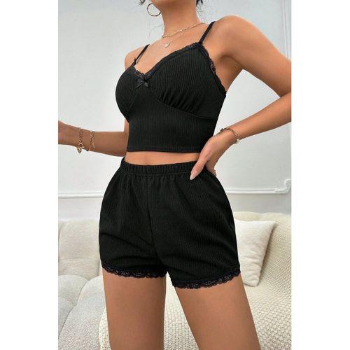 Kadın Siyah Alt Ve Üst Dantel Detaylı Fiyonklu Şortlu Gecelik Takımı