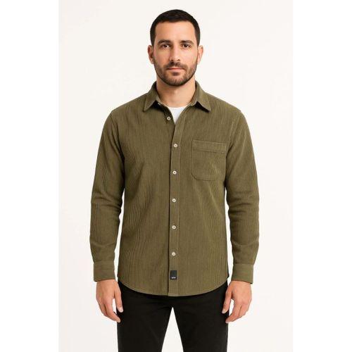 Erkek Fitilli Kadife Cepli Gömlek Oversize Rahat Kalıp - Haki