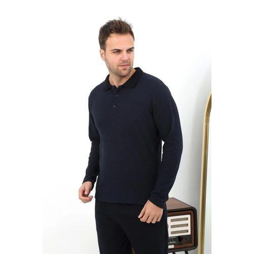 Erkek Polo Yaka Uzun Kol Penye Pijama Takımı Lacivert