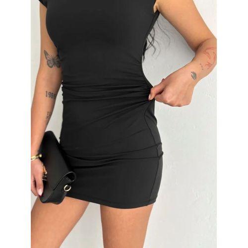 Mini Elbise Yarım Balıkçı Yaka Vücuda Oturan Şık Günlük Elbise - Siyah