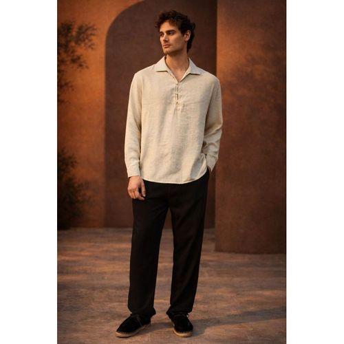 Baldwin Apaş Yaka Britli 3 Düğmeli İnce Modal Kumaş Oversize Uzun Kollu Yazlık Erkek Gömlek - Bej