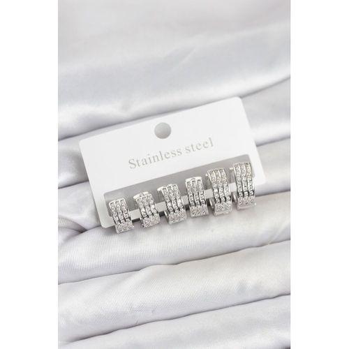 316L Çelik Zirkon Taşlı Gümüş Renk Halka Küpe Seti - TJ-BKP11519