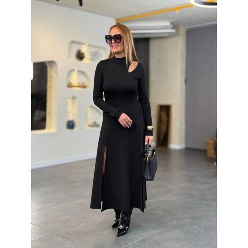 Kadın Balıkçı Yaka Damla Detaylı Yırtmaçlı Uzun Viskon Iki Iplik Maxi Elbise