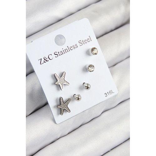 316L Çelik Zirkon Taşlı Deniz Yıldızı Model Gümüş Renk Kadın Set Küpe