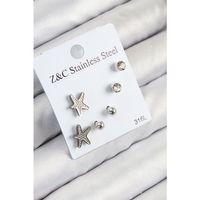 316L Çelik Zirkon Taşlı Deniz Yıldızı Model Gümüş Renk Kadın Set Küpe