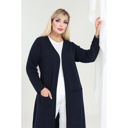 Melsay Butik Büyük Beden Lacivert Dokulu Örme Kumaş Uzun Kadın Hırka