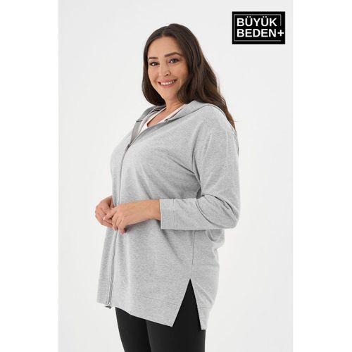 Kadın Tunik Büyük Beden Fermuarlı Kapşonlu Sweat Hırka SPR26BTK955