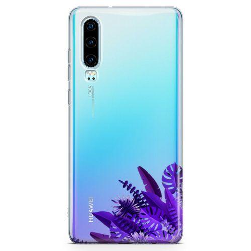 Huawei P30 Kılıf Mor Yapraklar Arka Kapak Koruma Desenli Full Koruyucu