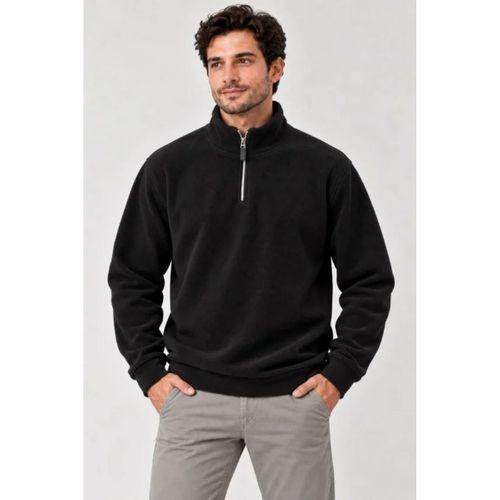 Erkek Polar Dik Yaka Yarım Fermuarlı Uzun Kollu Regular Fit Kışlık Sweatshirt - Siyah