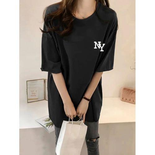 Baskılı Oversize Bisiklet Yaka T-shirt - Siyah