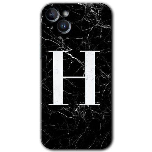 iPhone 14 Plus HD Baskılı Kılıf + 9D Tam Ekran Koruyucu - Siyah Mermer Desenli H Harfi