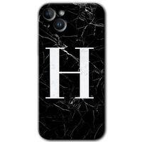 iPhone 14 Plus HD Baskılı Kılıf + 9D Tam Ekran Koruyucu - Siyah Mermer Desenli H Harfi